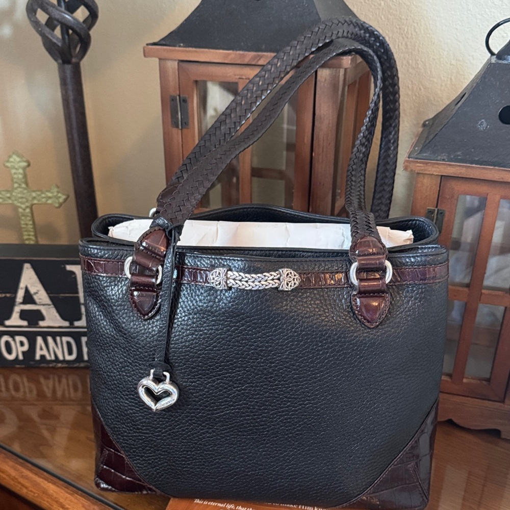 Brighton Black and Brown Textured Shoulder Bag with Heart Charm